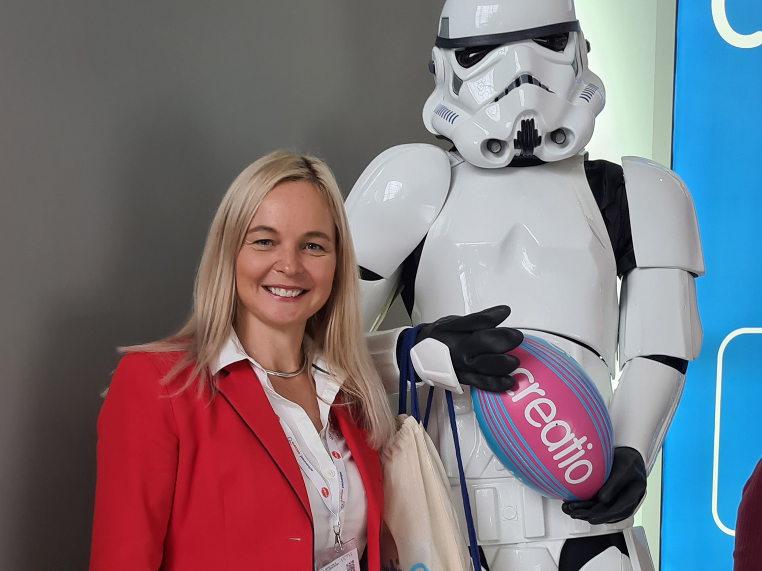 Director, Georgina standing with star wars mannequin at creatio stand