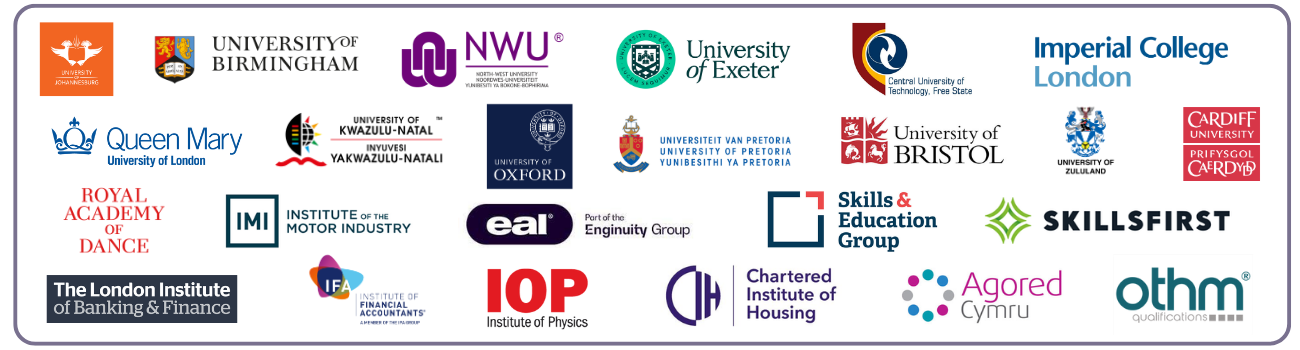 Customer logos of esteemed universities, awarding organisations and professional bodies