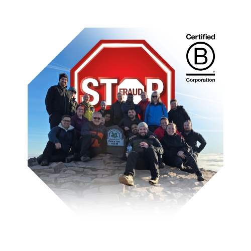 Advanced secure technologies team Infront of Stop Fraud logo & Bcorp