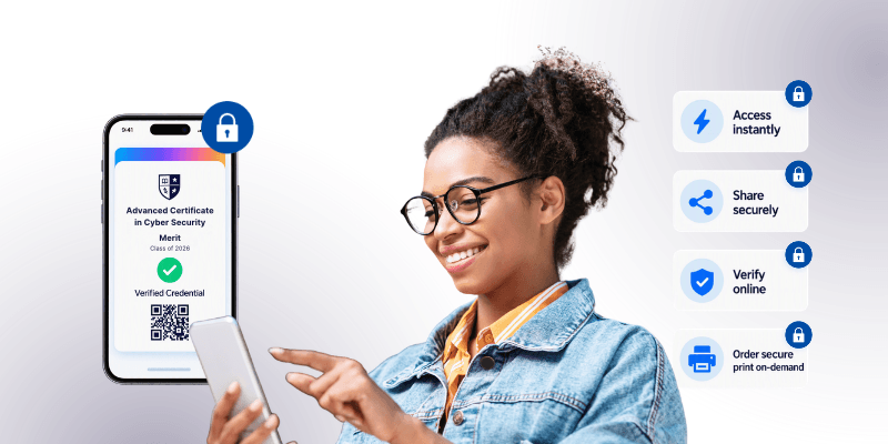 Learner accessing a secure digital certificate online through a secure digital credentialing platform.